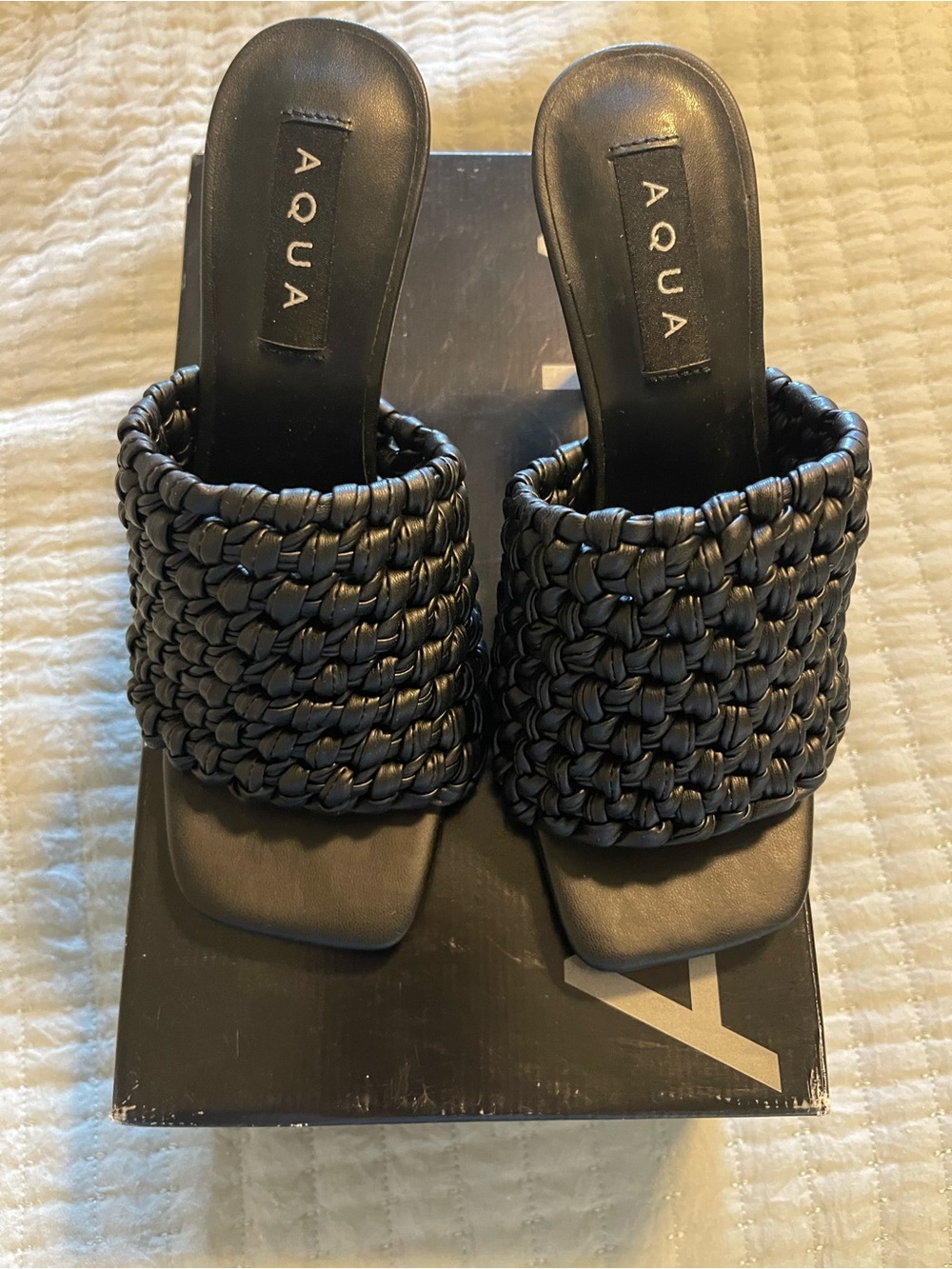 Aqua Katy Braided Leather Slip-On Square Toe Pumps Sandals Heels Black 6.5M